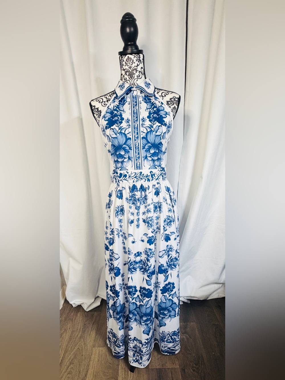 SHEIN White and Blue Halter Floral Maxi Dress